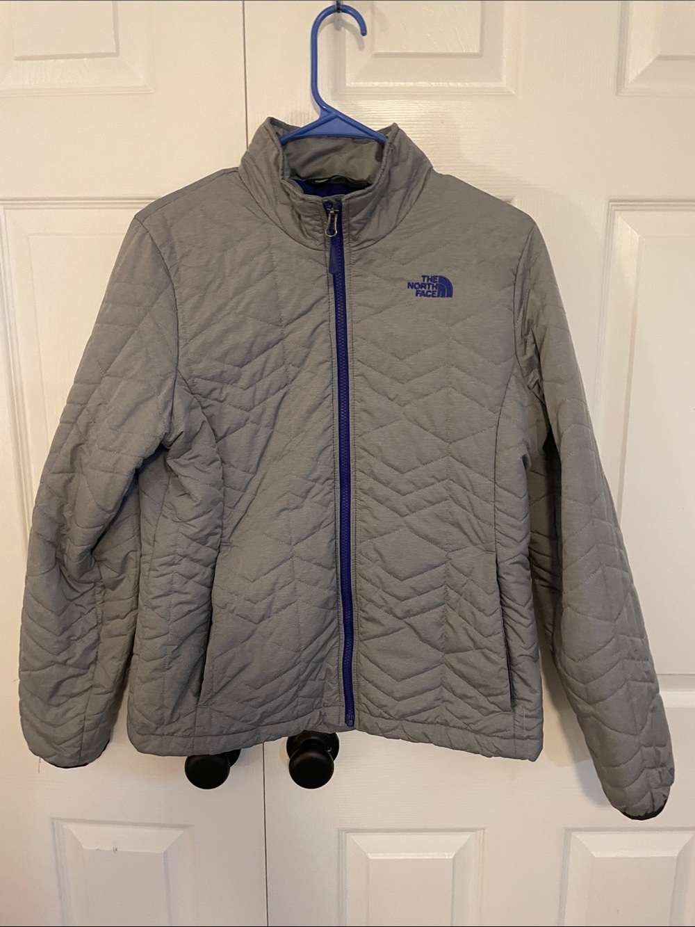 The North Face Light Gray Quilted Puffer with Blue Trim